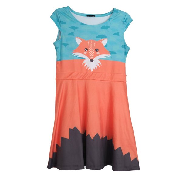 Fox Print Girls Dress for Kids Orange and Blue with Printed Tail Sz Girls 12 - Picture 1 of 10